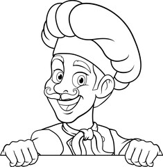 A chef or baker cartoon cook food man mascot character peeking around a sign or menu with copy space illustration