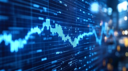 Blue digital screen displaying stock market data with a blurred city backdrop