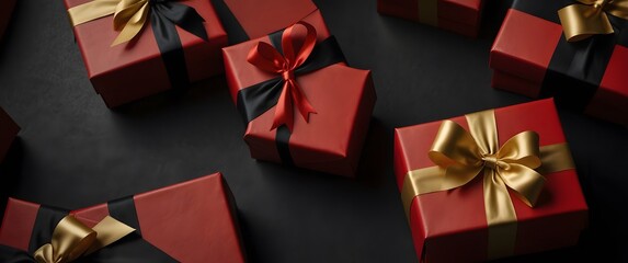 Red Gift Boxes with Black and Gold Ribbons