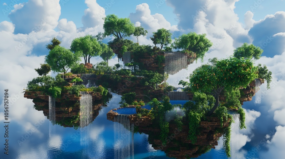 Poster small floating islands with trees and waterfalls