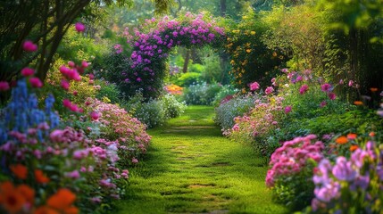Graceful garden walkway surrounded by a riot of blooming flowers,