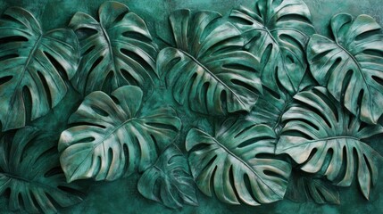Green Monstera leaves arranged in a bas relief pattern, with small,