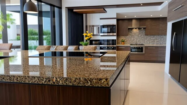A modern kitchen with a large island and granite countertop