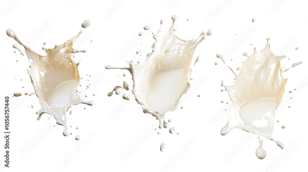Poster dynamic splashes of white chocolate milk on a transparent background generative ai
