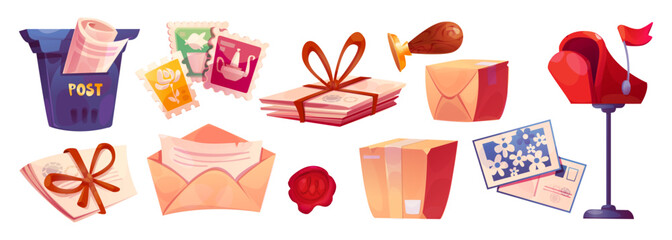 Postal collection with purple and red letterbox, colorful stamps showing flowers, ships and letters tied with brown ribbon, sealed envelopes and wax seal for mail delivery service. Cartoon vector set.