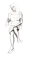 Pencil sketch of a woman. Line drawing. Sits, legs and arms at different levels. Different shades of gray and black. Isolated on white background.