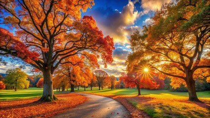 Fototapeta premium A winding path through a park, edged by golden foliage and radiant sunlight, leading towards a breathtaking autumn sunset