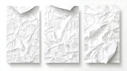 3 white paper sheets with crumpled edges, Generative AI