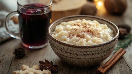 Creamy rice pudding in a ceramic bowl dusted with cinnamon accompanied by a mug of mulled wine displayed on a rustic wooden table
