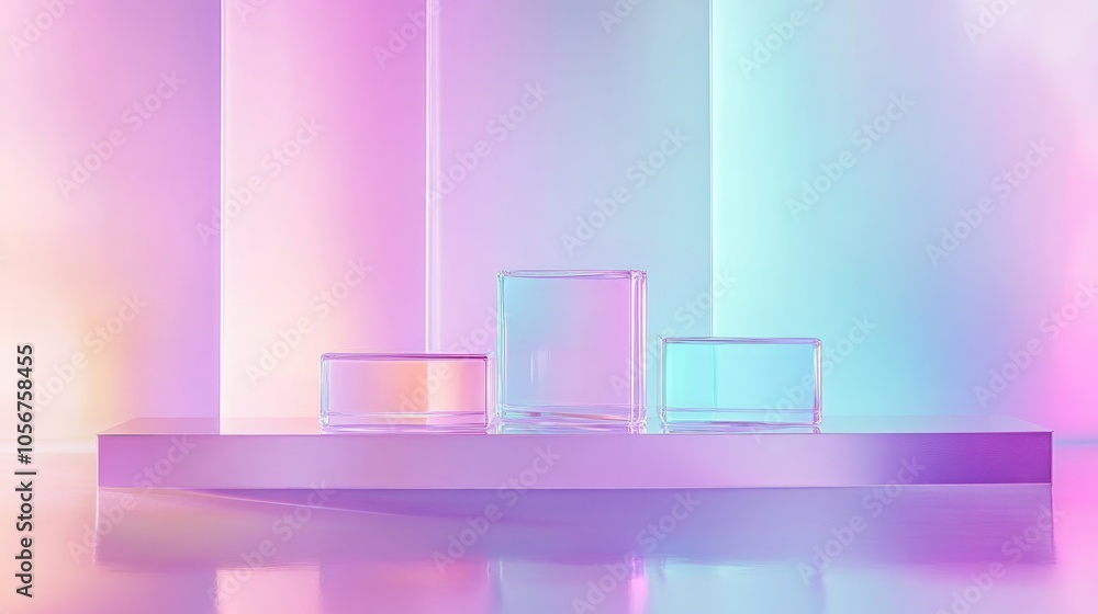 Poster surreal abstract scene featuring an empty stage with three clear glass rectangular podiums against a