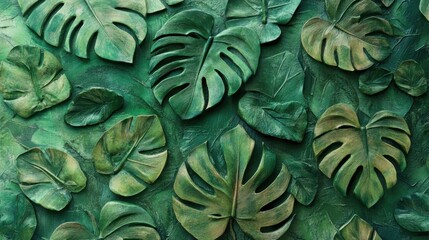 Obraz premium Intricate bas relief pattern art of Monstera leaves, with small,