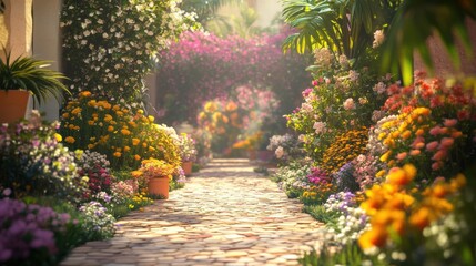 Inviting garden walkway surrounded by a diverse array of blooming