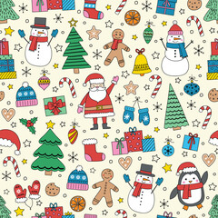 Christmas seamless pattern with cartoon characters and decorations. Vector illustration