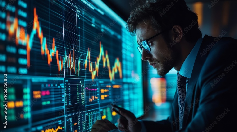 Poster a man in a suit analyzes financial data on a computer screen