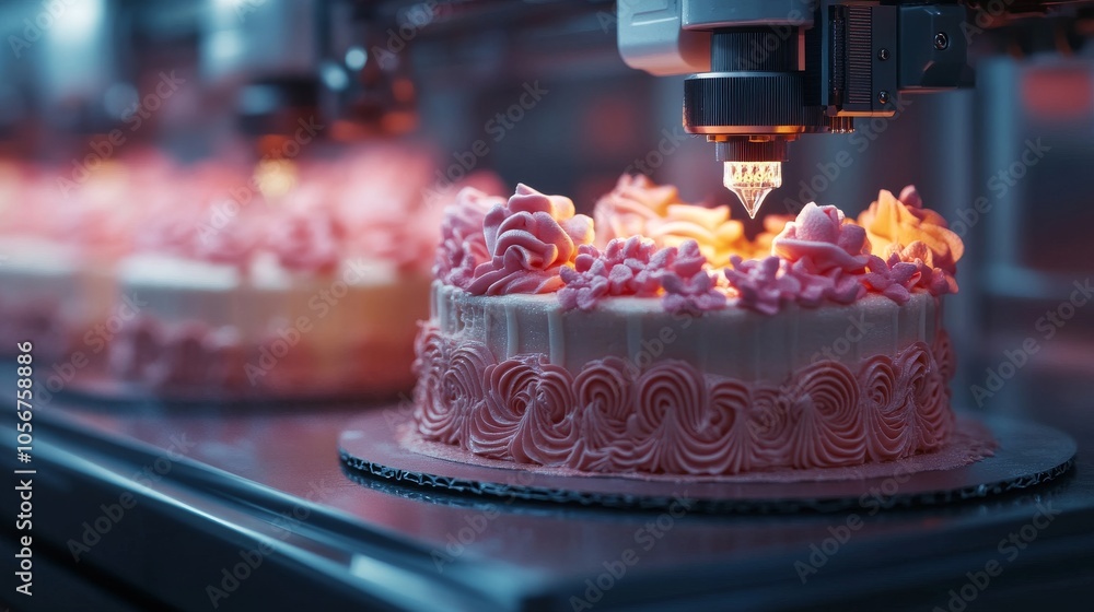 Poster automated cake decorating machine applying icing to a cake
