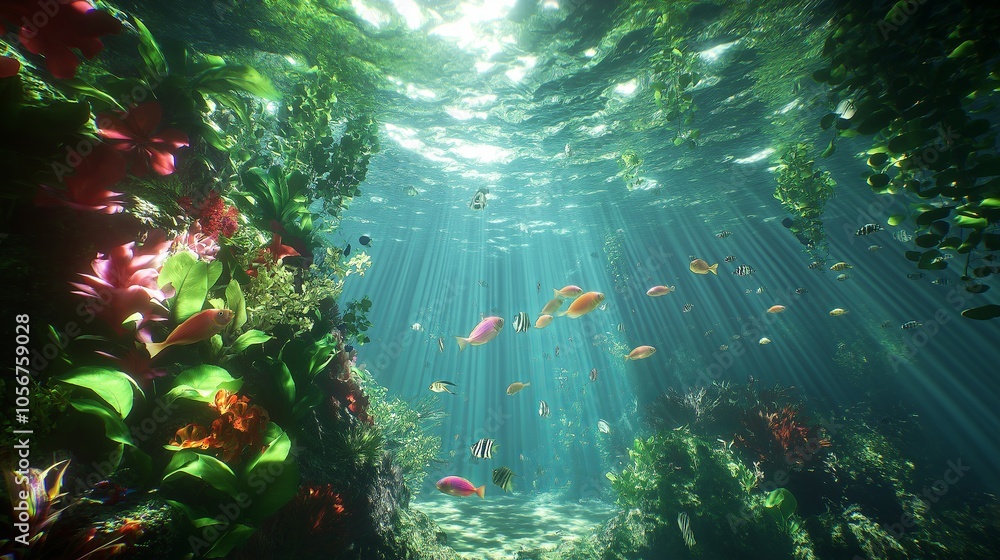 Poster an underwater shot showing a large school of fish swimming in harmony with the sunlight filtering th
