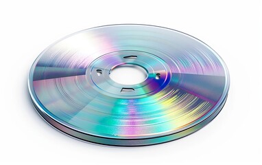 Reflective holographic CD isolated on white background. Y2K millenium 2000s era, retro futurism, nostalgic past, reminiscence, yearning, surrealism, optical illusion, hologram, unreal, ethereal.