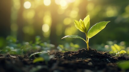 Seedling thriving in sunlight within a forest showcasing nature s beauty Represents themes of environmental conservation and growth