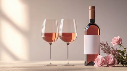 Wine glasses filled with wine alongside a mock up bottle of rose