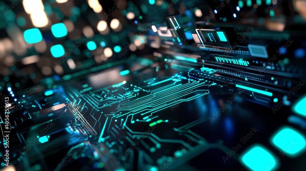 Poster an abstract close-up of a digital circuit board with blue and green hues, creating a tech-inspired l