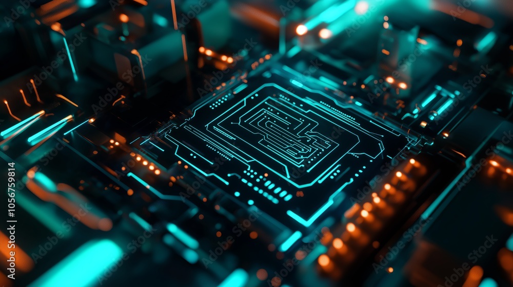 Poster an abstract close-up of a digital circuit board with blue and green hues, creating a tech-inspired l