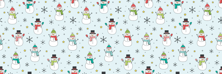 Christmas seamless pattern with cartoon snowman and snowflakes. Vector illustration