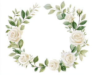 Naklejka premium Elegant watercolor floral frame with white roses and greenery, perfect for invitations or decor. This beautiful design evokes sense of tranquility and nature