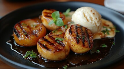 Grilled Peaches with Ice Cream and Sauce on a Black Plate