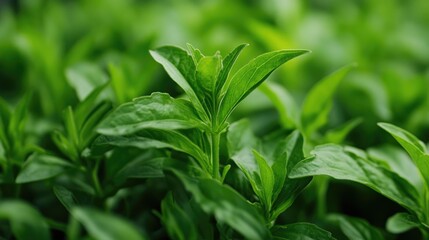 Obraz premium Close up view of Stevia rebaudiana leaves Detailed indoor shot showcasing the unique features of Stevia plant foliage