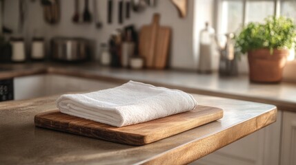 White cotton kitchen towel on a wooden cutting board placed on a kitchen countertop High quality image