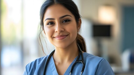 Young Hispanic nurse with a stethoscope in a blurred medical setting