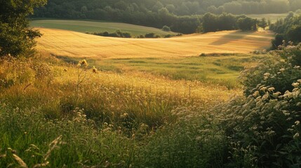Panoramic view of a summer meadow with the shadows of grass and herbs