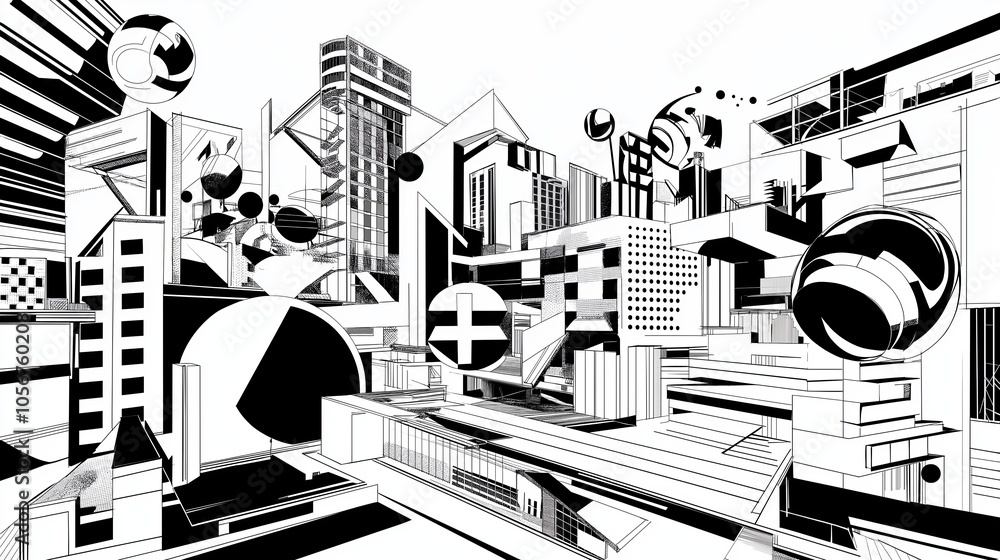Poster A wireframe rendering of a cityscape with minimalist black and white lines and geometric shapes
