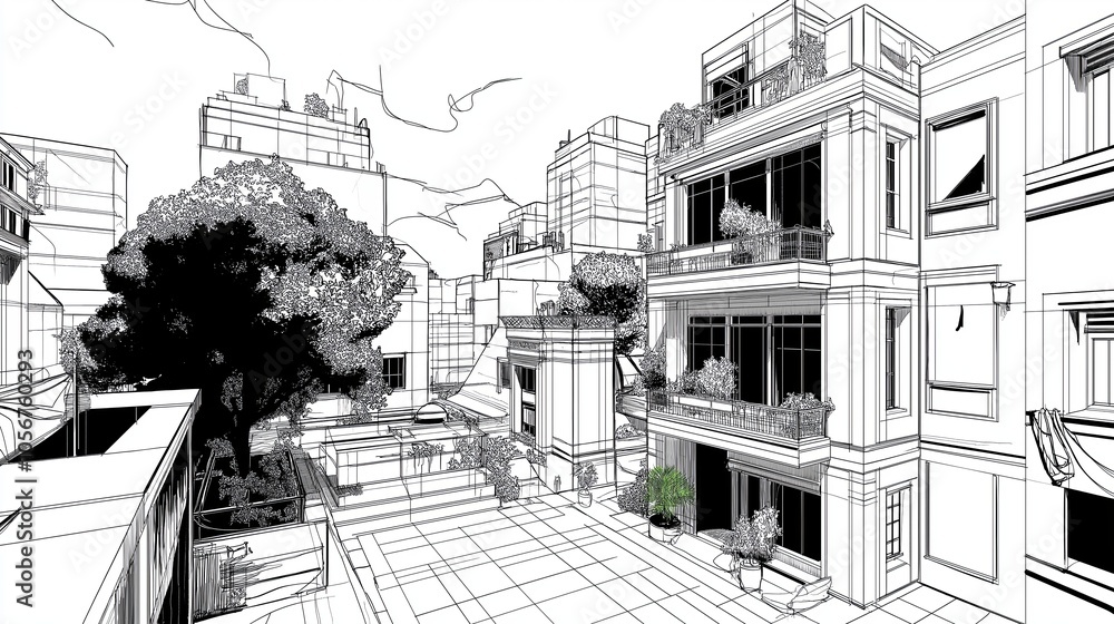 Aufkleber A wireframe rendering of a cityscape with minimalist black and white lines and geometric shapes