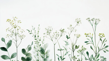 Delicate green and white botanical frame featuring various flowers and leaves, creating serene and organic atmosphere. Perfect for nature inspired decor