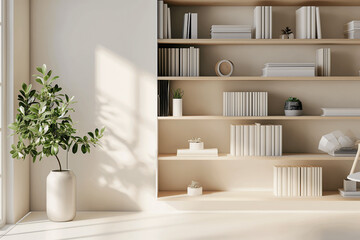Office interior backdrop for online meetings. Light home office setting bookshelves background. Minimalist online workspace aesthetics. Video conferencing room design in pastel tones.