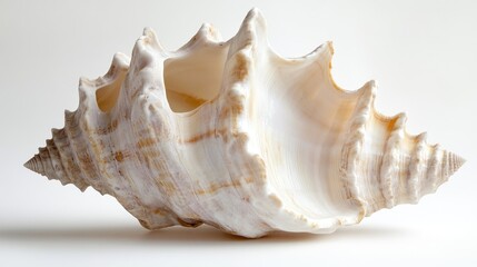 Close up view of a conch shell set against a white backdrop