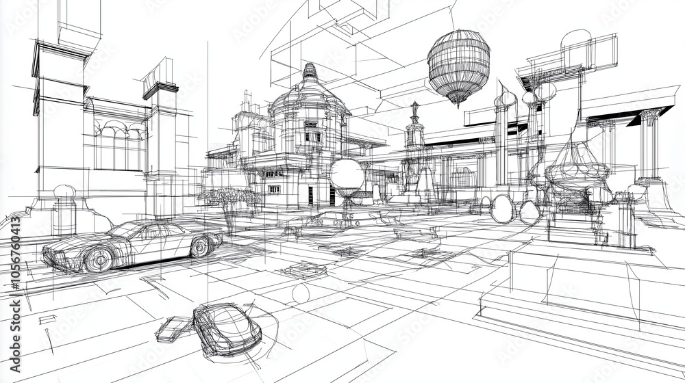 Poster a wireframe rendering of a cityscape with minimalist black and white lines and geometric shapes