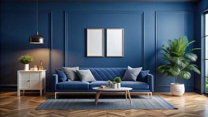 Stylish dark blue living room interior mockup, complete with an empty wall and white frame. Perfect for design projects that seek a modern aesthetic.