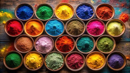 A vibrant array of finely ground pigments arranged in wooden bowls, creating a captivating spectrum of colors on a rustic wooden background.