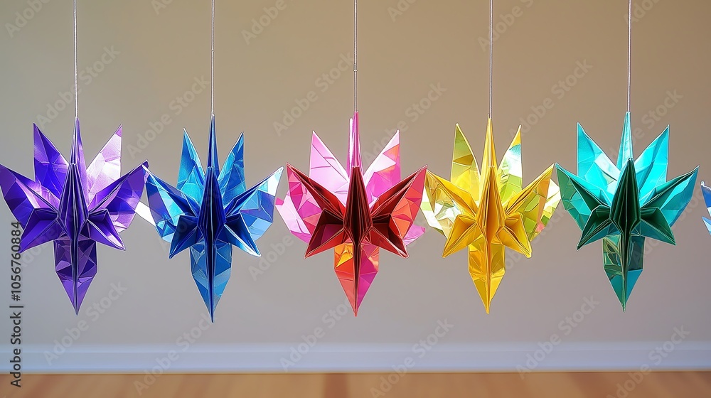 Poster A series of colorful origami cranes suspended in midair, creating a playful and artistic display.