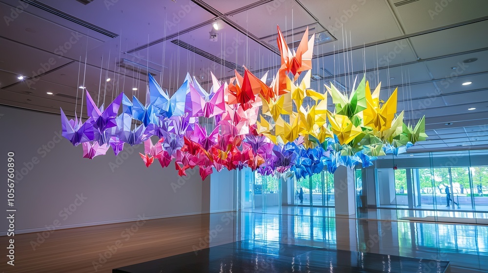 Poster A series of colorful origami cranes suspended in midair, creating a playful and artistic display.