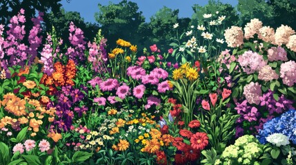 Obraz premium PNG file of a detailed garden scene featuring a wide variety of colorful flowers