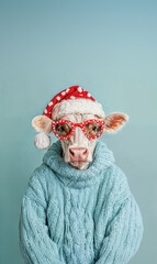 Portrait photo of a realistic cow with red glasses dressed in a light blue jumper as santa claus on a light blue background