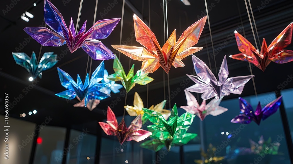 Aufkleber a series of colorful origami cranes suspended in midair, creating a playful and artistic display.