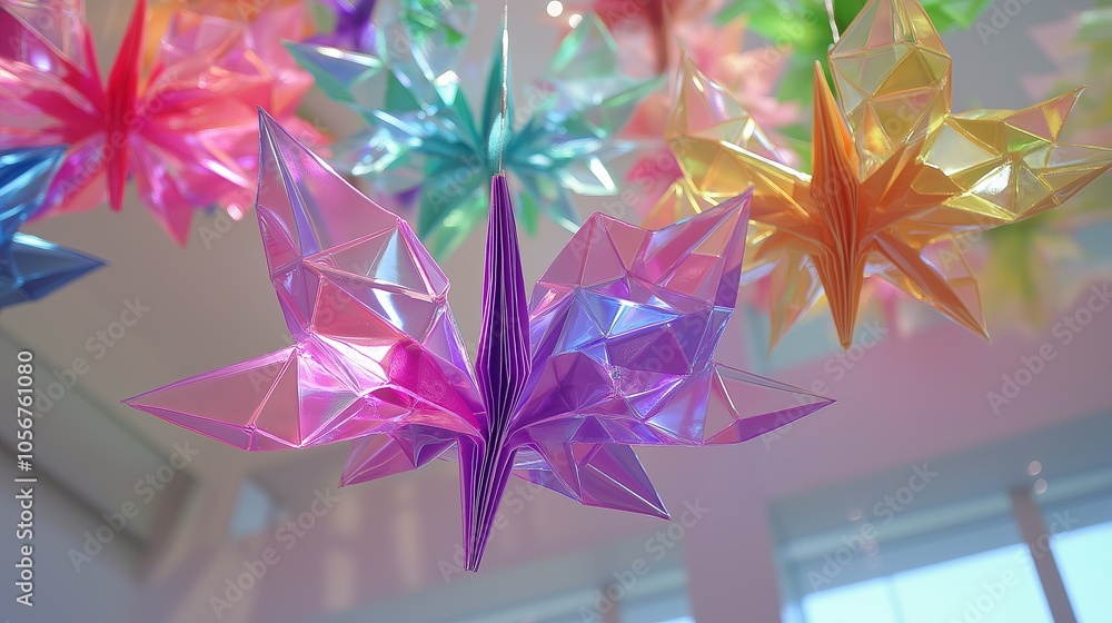 Aufkleber a series of colorful origami cranes suspended in midair, creating a playful and artistic display.