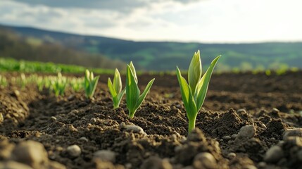 New sprouts emerging from freshly plowed soil in a spring landscape