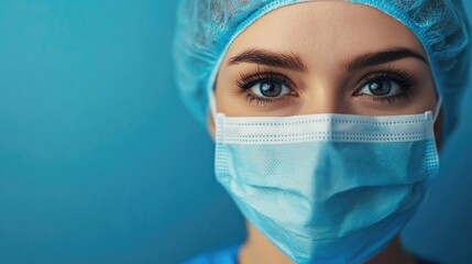 Portrait of a young attractive nurse wearing a blue uniform and a surgical mask for protection against a virus set against a blue studio background
