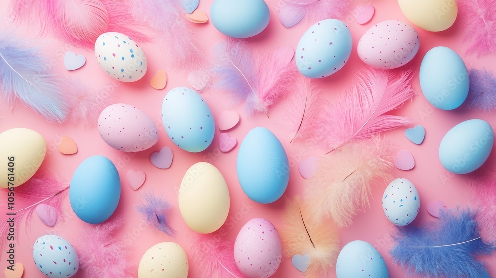 Poster a vibrant array of easter eggs and feathers in trendy pastel shades creating a cheerful festive back