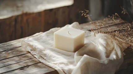 An off white square bubble candle resting on a linen cloth atop a rustic wooden table in a natural environment